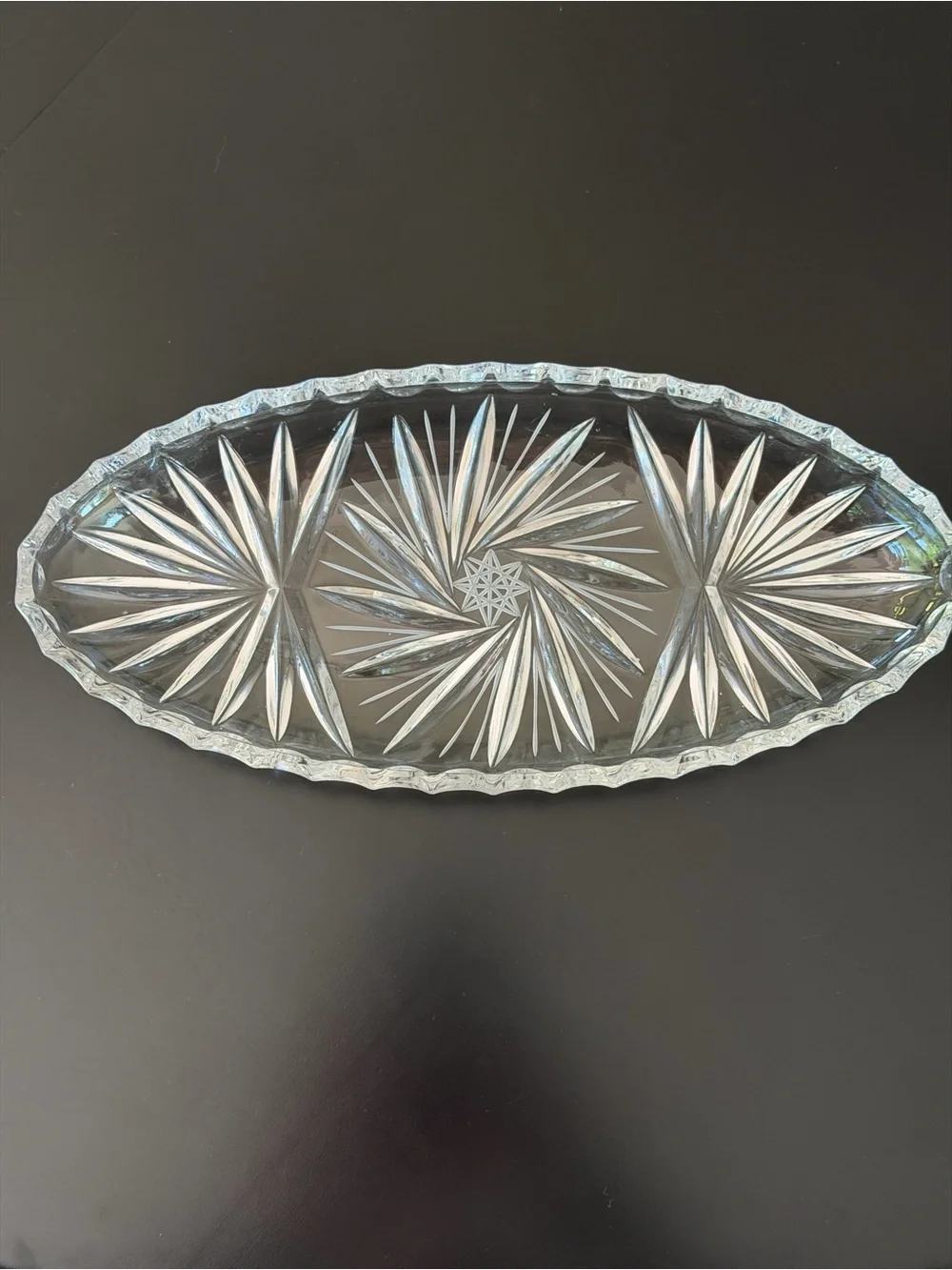 Vintage Clear Pressed Glass Starburst Pinwheel Oval Relish Dish Serving Tray